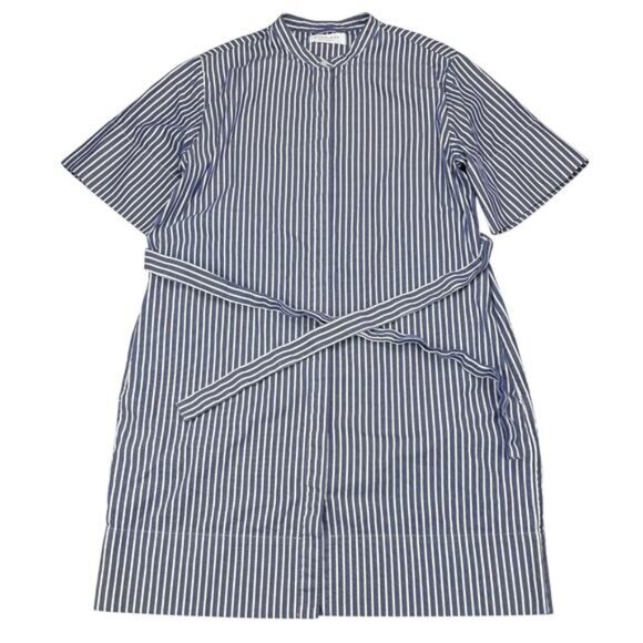 EVERLANE Cotton Collarless Belted Shirt Dress Size Small Blue White - Picture 2 of 5